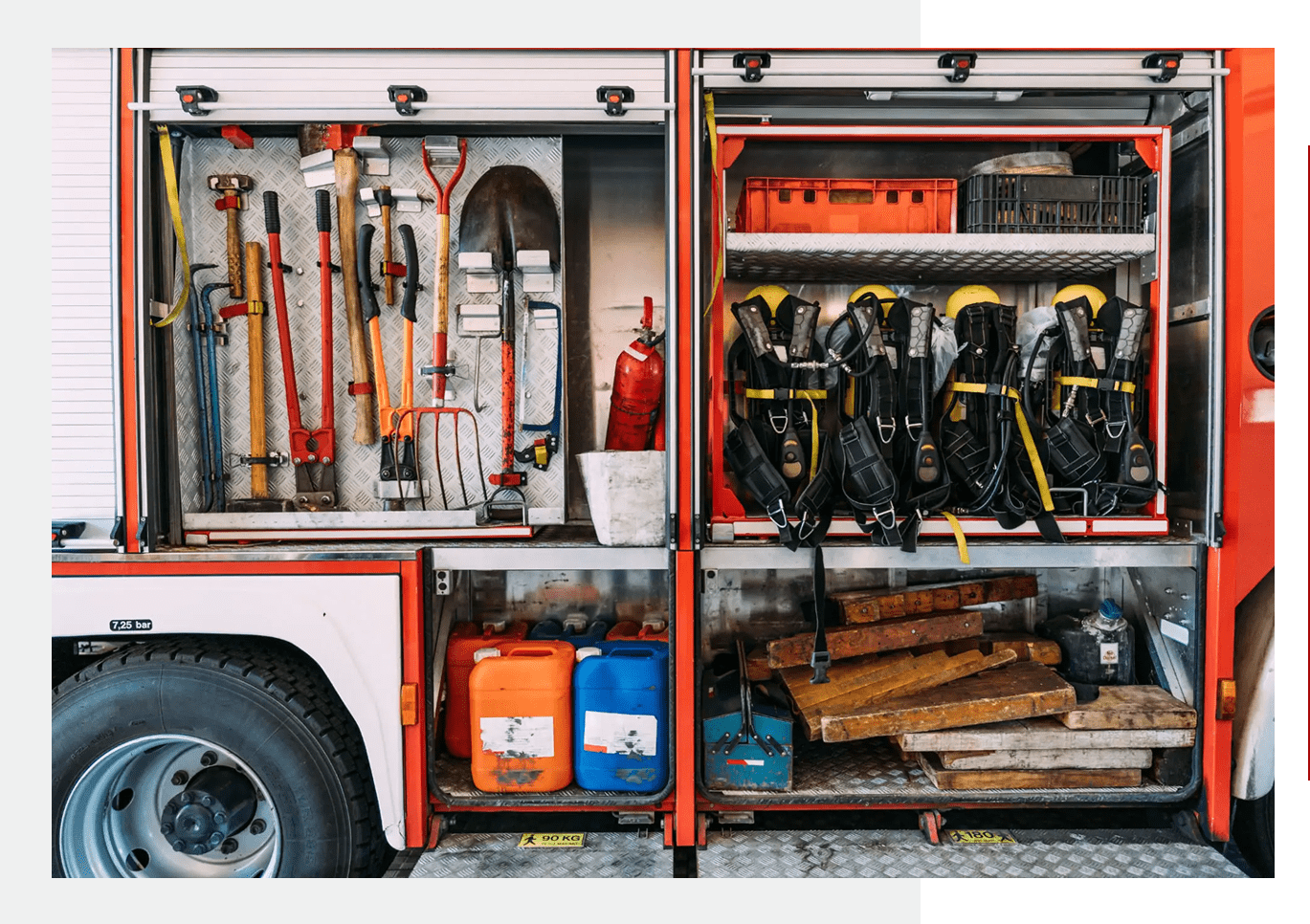 Firefighting tools and oxygen tanks in truck