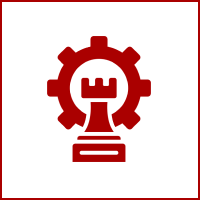 Chess rook inside red gear symbol